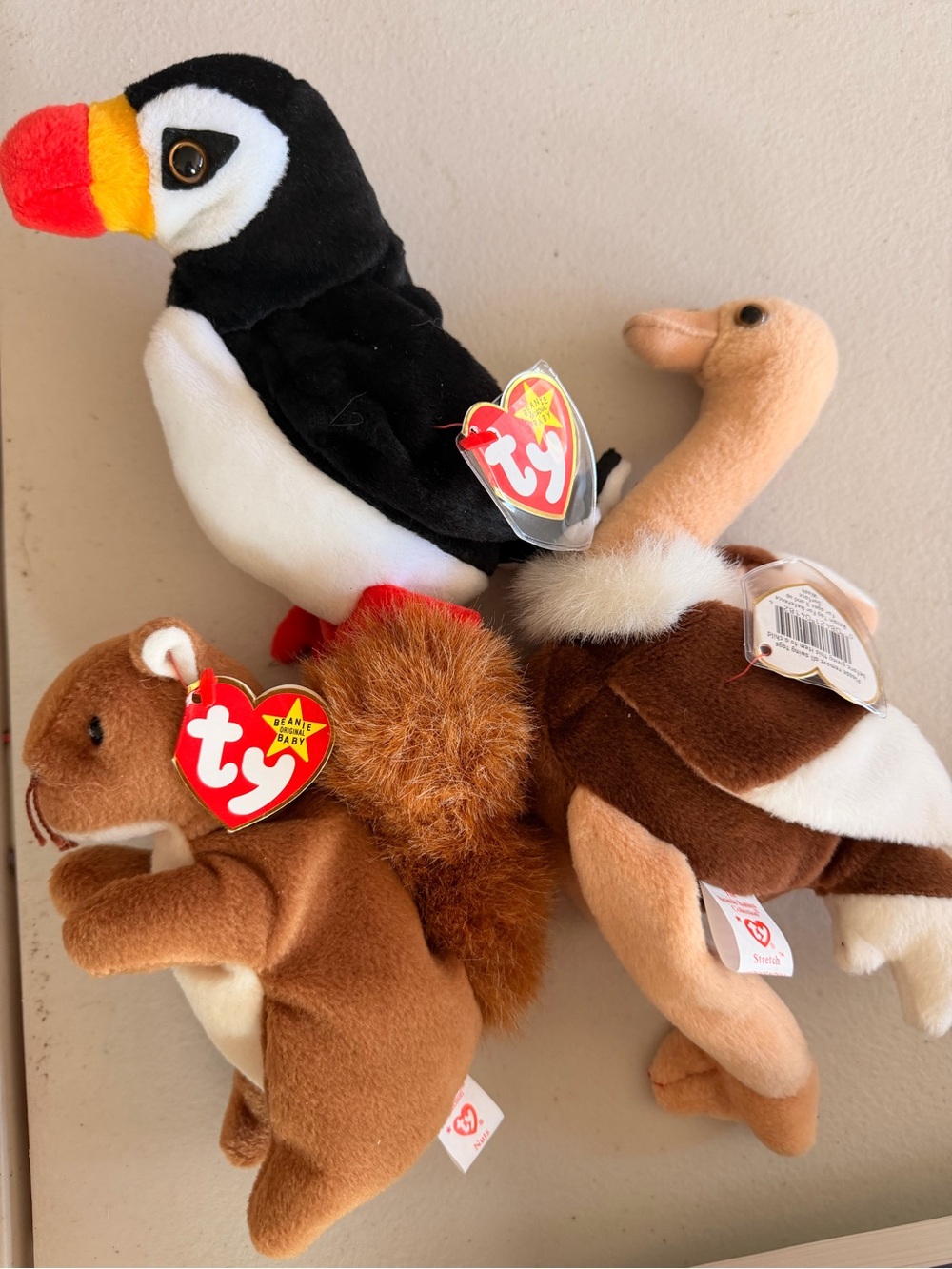 Lot of 3 Beanie Babies Stuffed Animals - Puffin, Squirrel, Ostrich